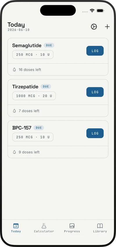 Dosyne Today screen listing due compounds with dose in micrograms and units, and remaining doses per vial